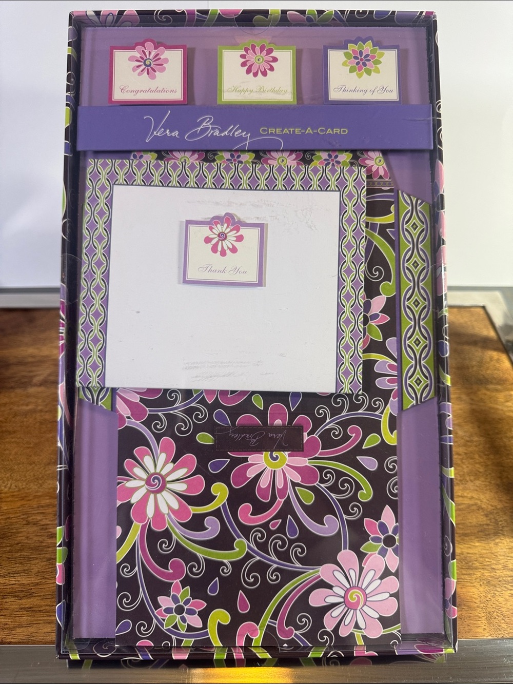 Vera Bradley Purple Floral Note Card and Envelope Set with Pink & Green Accents